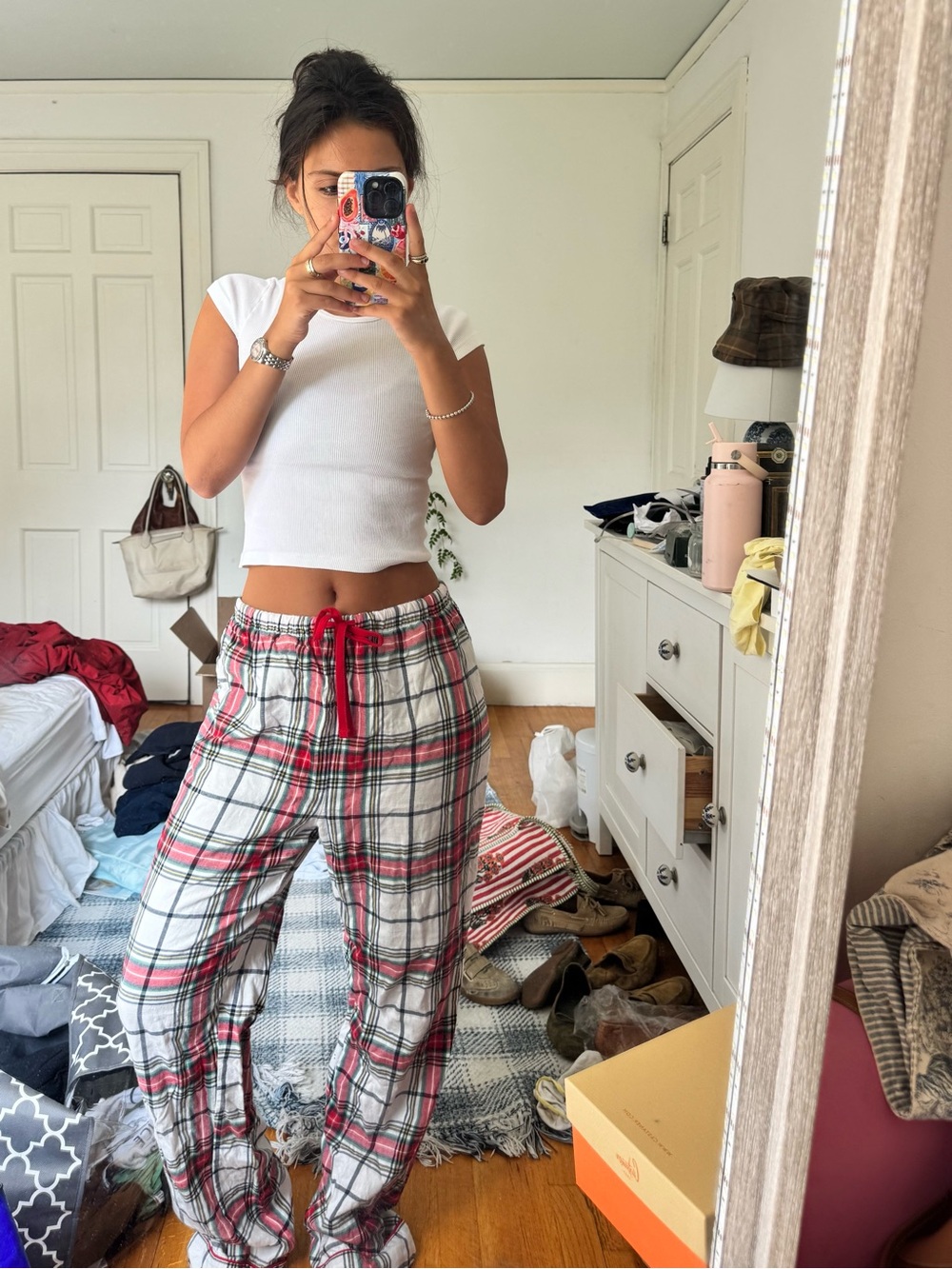 Plaid Drawstring Pijama Target Pants in Red & White